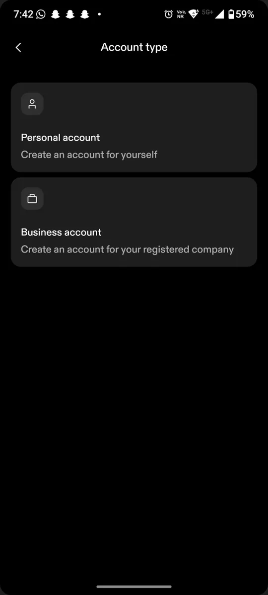 Account type screen